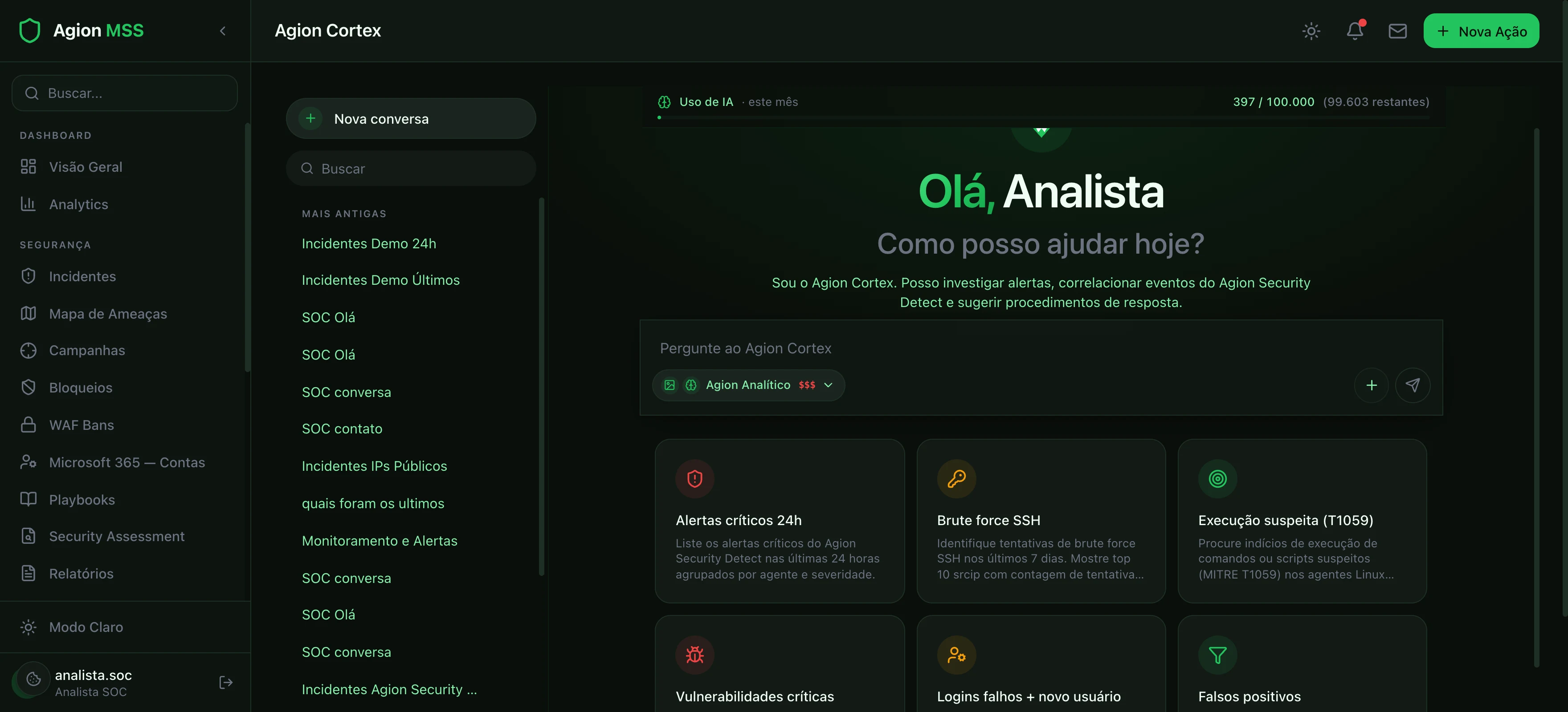 Console Agion — assistente Agion Cortex com atalhos para investigar alertas críticos, brute force e execução suspeita.