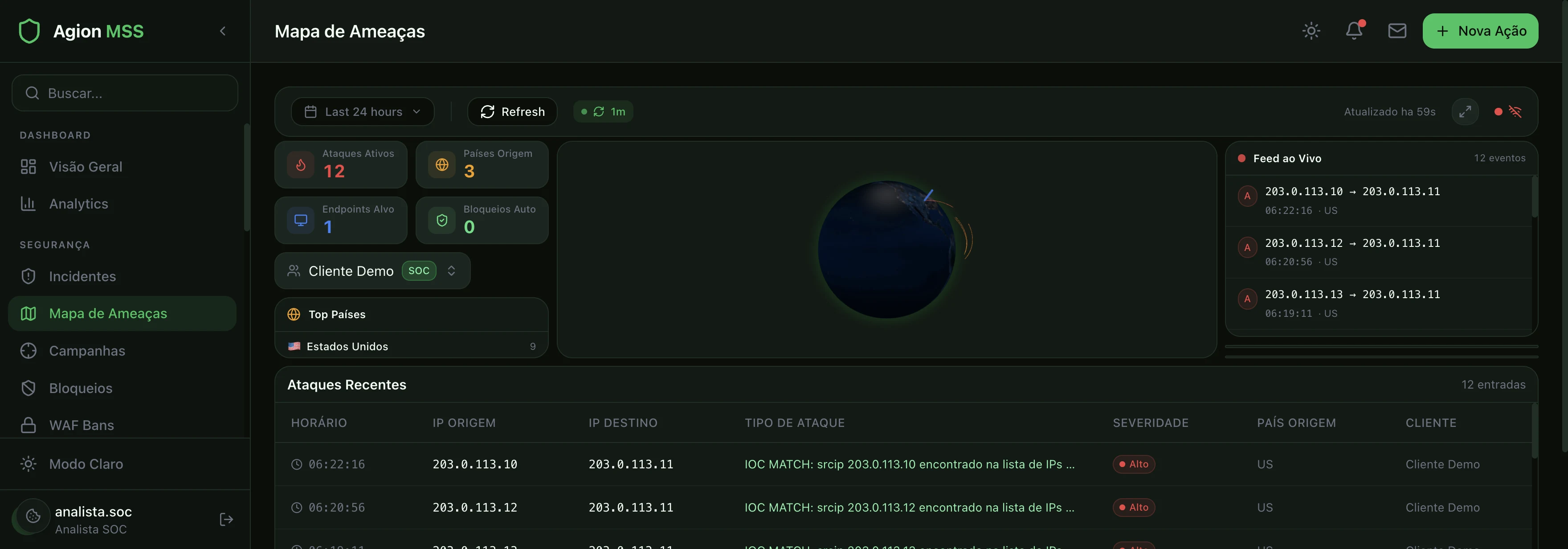 Console Agion — mapa de ameaças em tempo real: globo com arcos de ataque, países de origem e feed de eventos; dados de cliente anonimizados.